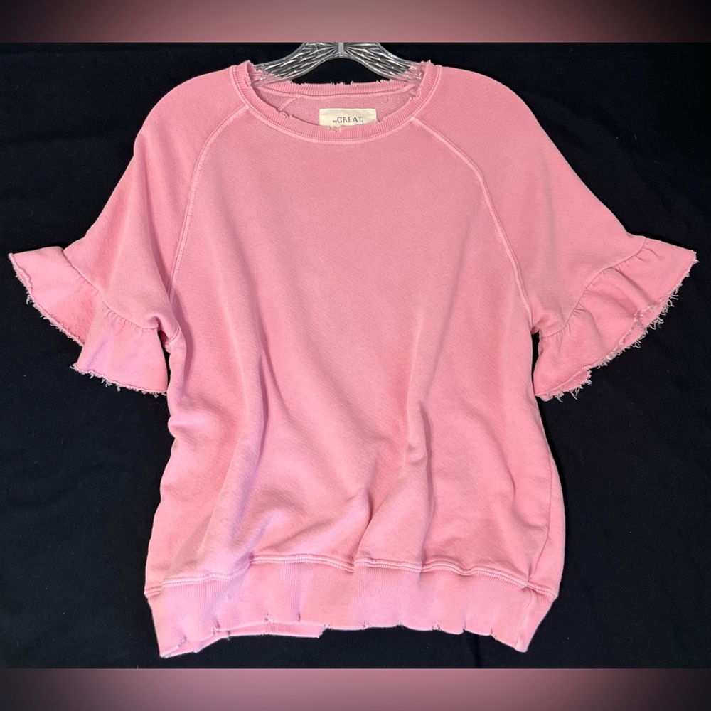 THE GREAT Pink Ruffle Sleeve Raglan Sweatshirt Distressed balletcore Sz 1